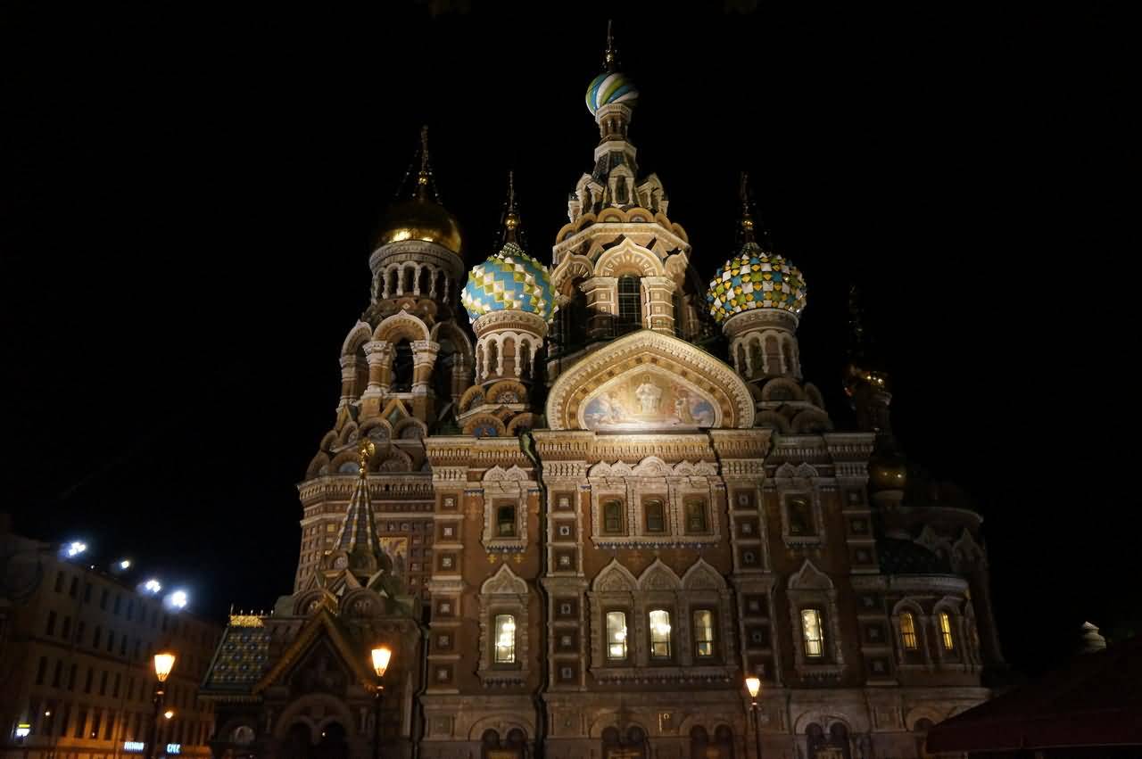 Front Facade Of The Church Of The Savior On Blood At Night