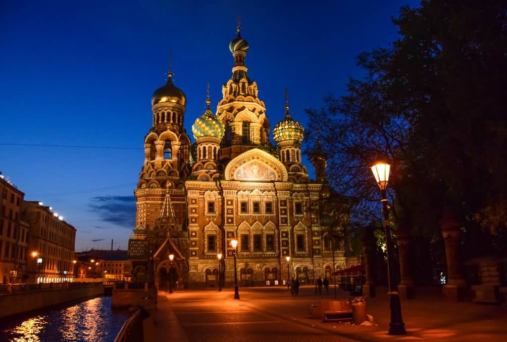 Front View Of Church Of The Savior On Blood During Night