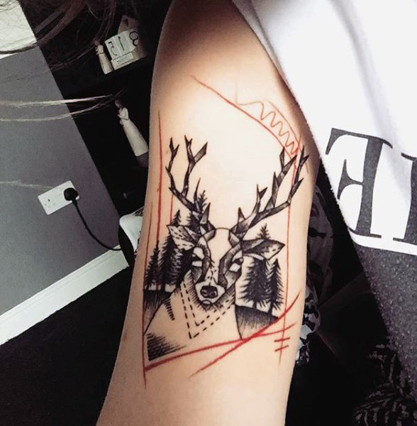 Geometric Deer Antler Tattoo On Bicep