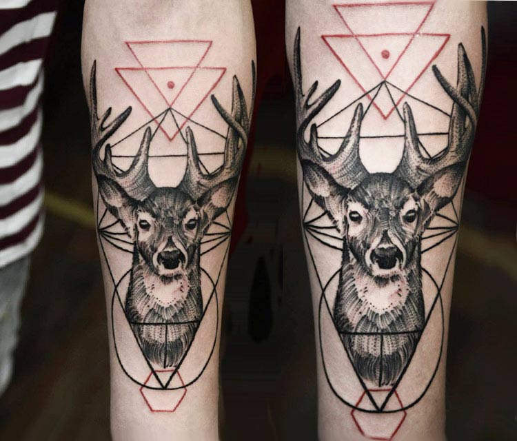 Geometric Deer Head Tattoo On Arm Sleeve
