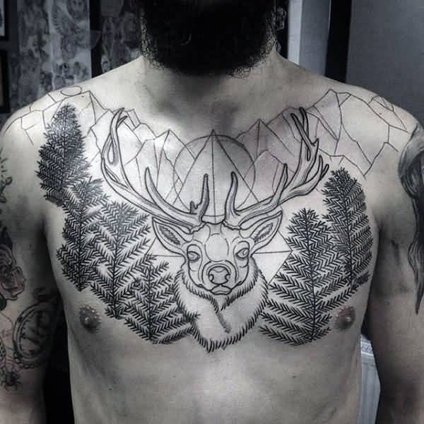 Geometric Deer Head Tattoo On Chest
