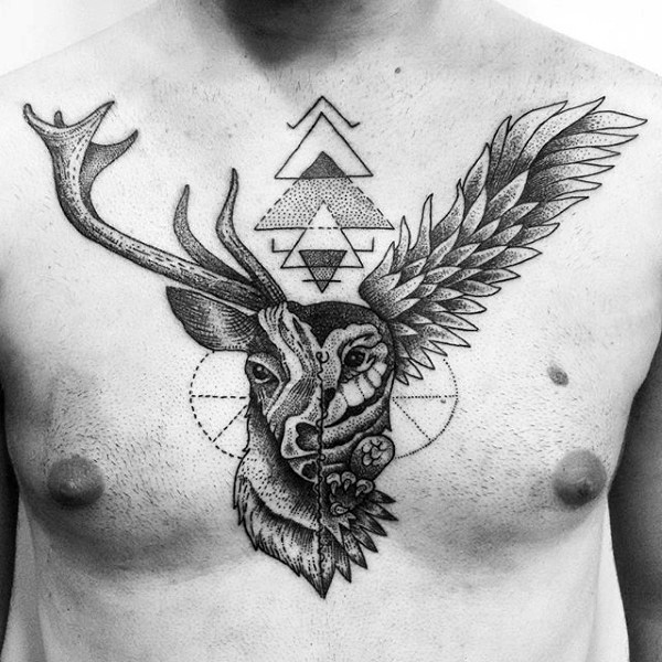 Geometric Deer Tattoo On Man Chest