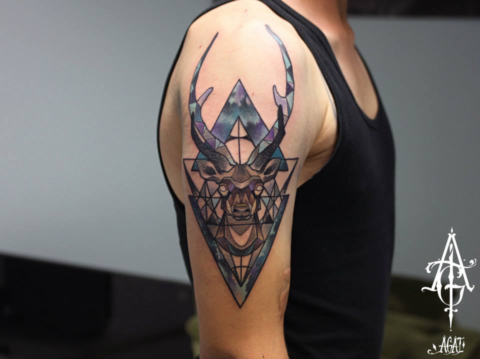 Geometric Deer Tattoo On Right Half Sleeve