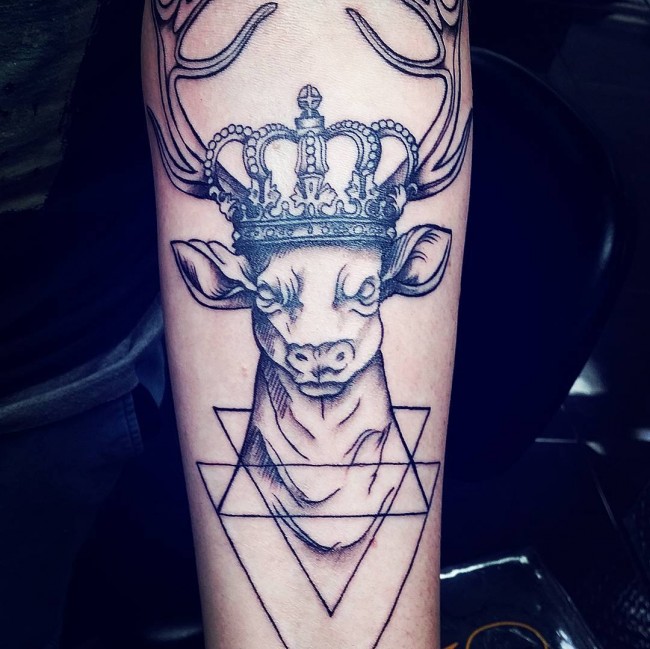 Geometric Deer With Crown Tattoo On Sleeve