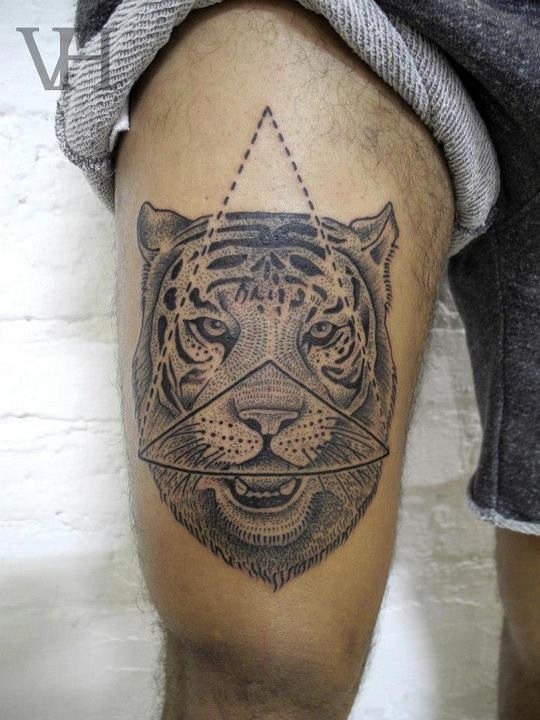 Geometric Tiger Tattoo On Right Thigh