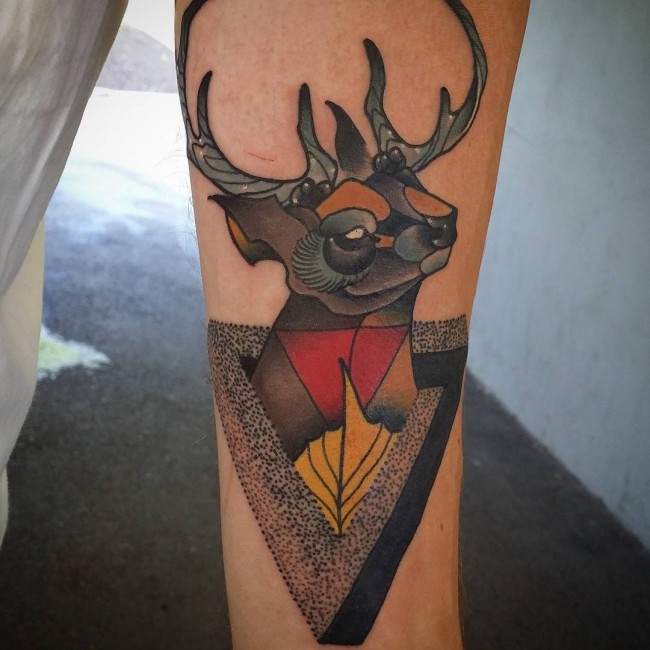 Geometric Traditional Deer Tattoo On Arm Sleeve