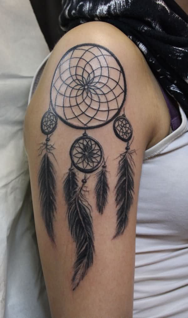 Girl Right Shoulder Simple Dreamcatcher Tattoo