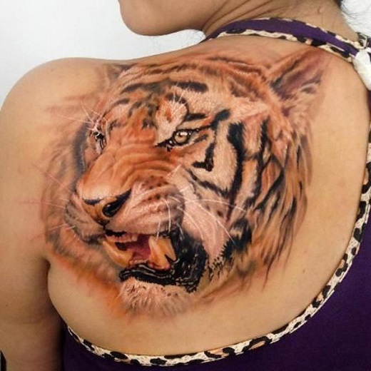 Girl With Tiger Back Shoulder Tattoo
