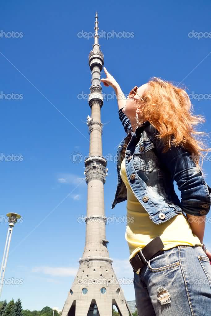 Girls Points To Observation Platform Of Ostankino Tower In Moscow