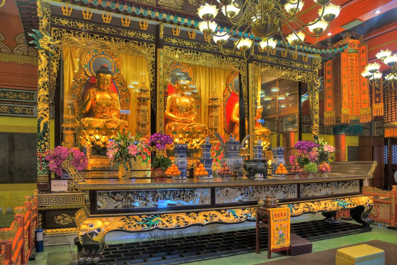 Golden Buddha Statues Altar Inside The Po Lin Monastery