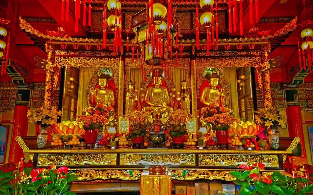 Golden Buddha Statues Inside The Po Lin Monastery