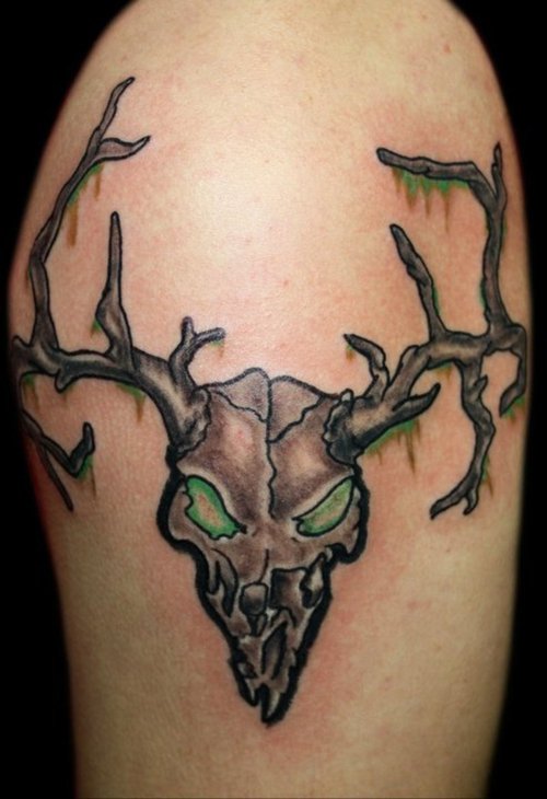 Green Eyes Deer Skull Tattoo Idea