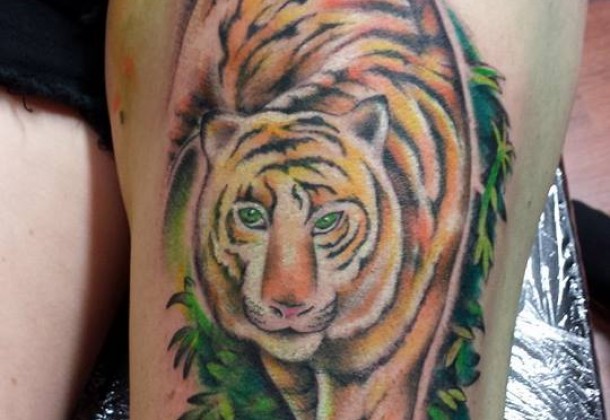 Green Eyes Tiger Tattoo On Thigh