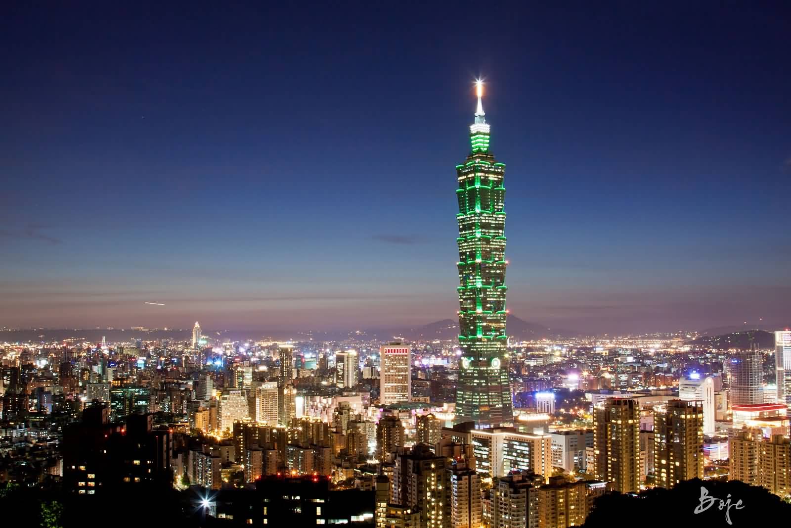 Green Lights On Taipei 101 Tower At Night