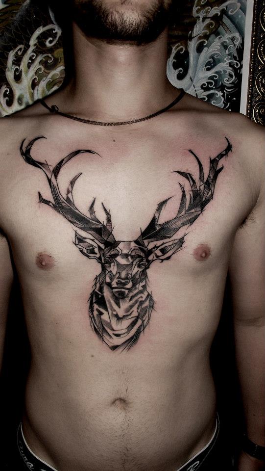 Grey And Black Deer Head Tattoo On Chest
