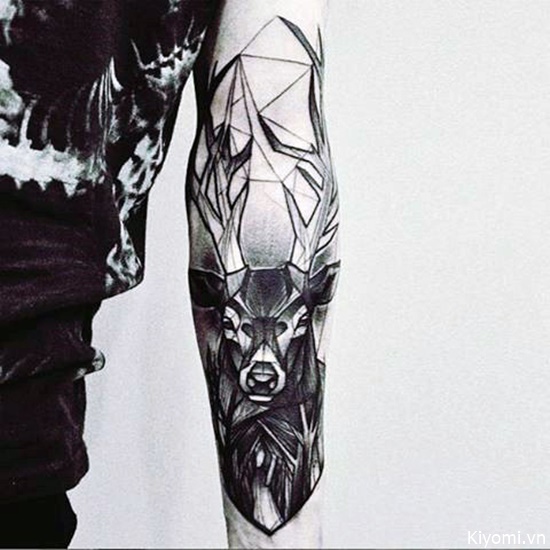 Grey And Black Deer Head Tattoo On Forearm