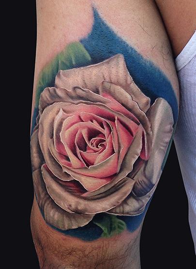 Grey And Pink Rose Tattoo On Man Left Half Sleeve By Marc Durrant