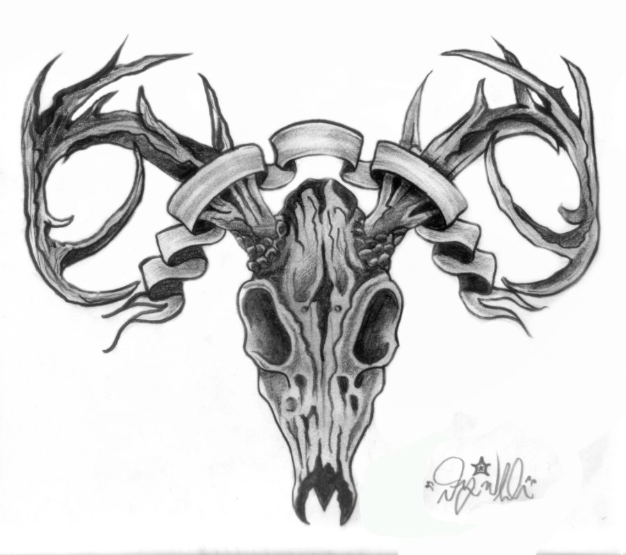 Grey Banner And Deer Skull Tattoo Design