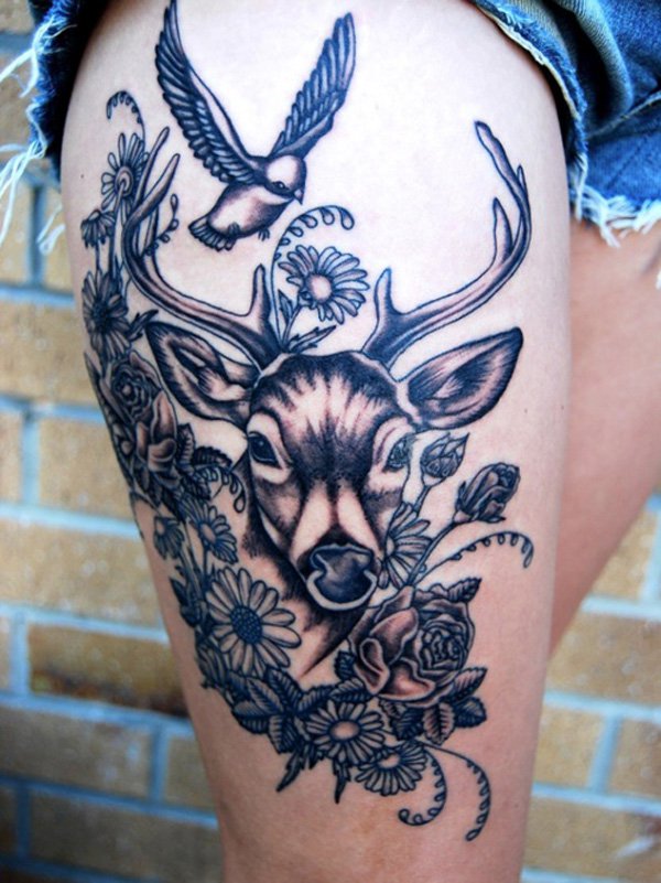 Grey Daisy Flowers And Deer Tattoo On Thigh For Women