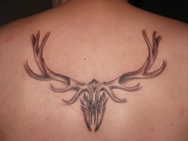 Grey Deer Antler Tattoos On Upper Back