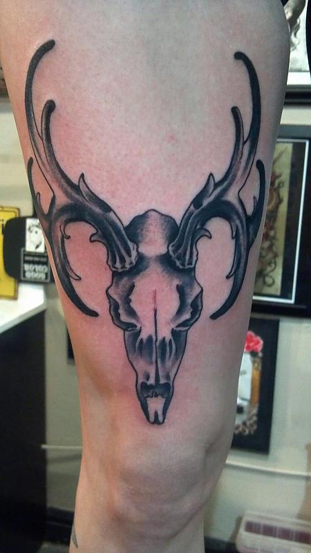 Grey Deer Skull Tattoo On Thigh