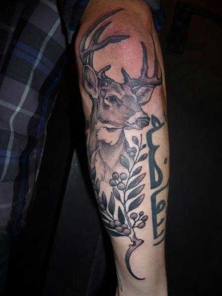 Grey Deer Tattoo On Arm Sleeve by Paul Bosch