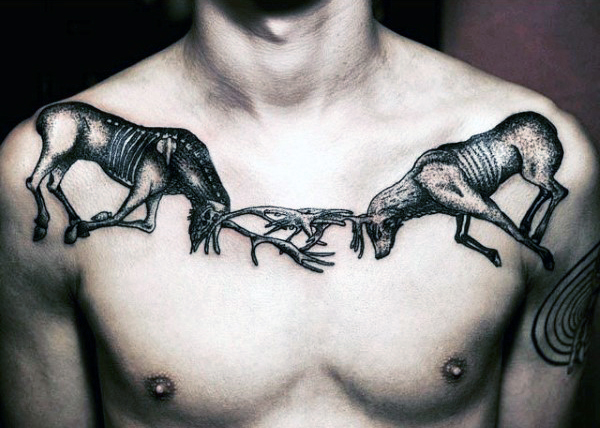 Grey Dotwork Deer Antler Tattoo On Chest