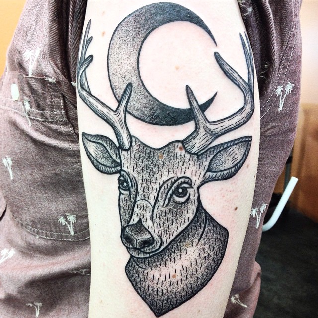 Grey Dotwork Moon And Tribal Deer Tattoo On Half Sleeve