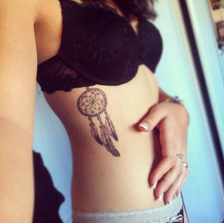 Grey Dreamcatcher Tattoo On Girl Right Side