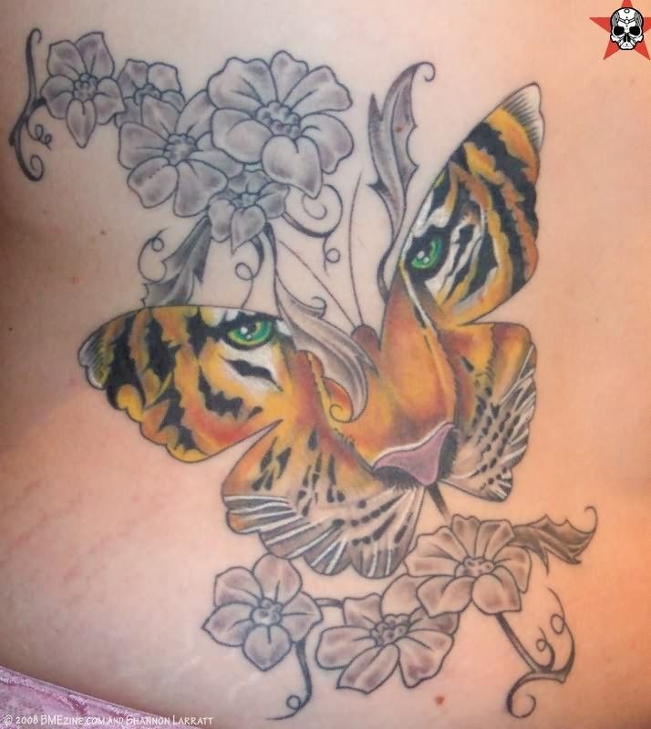 Grey Flowers And Baby Tiger Face In Butterfly Tattoo