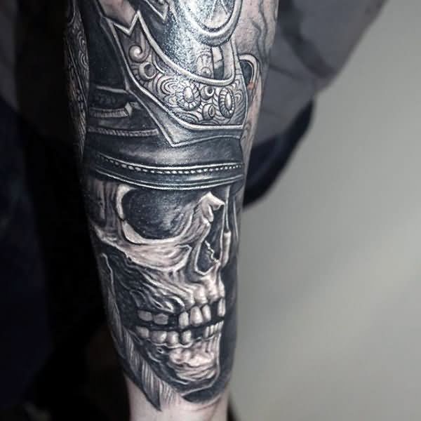 Grey Ink 3D Samurai Skull Tattoo Design For Sleeve