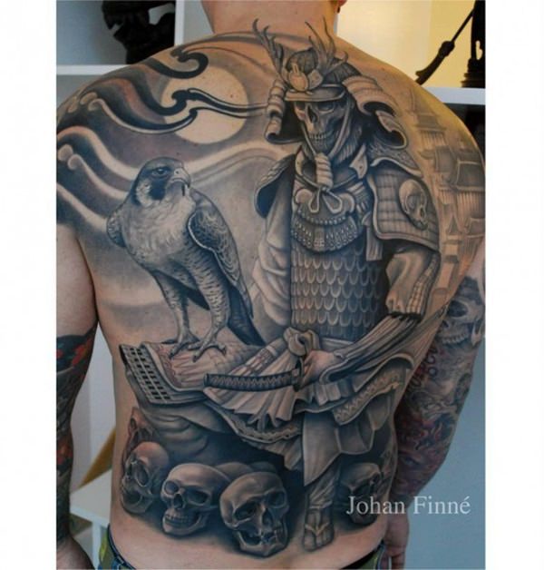Grey Ink 3D Samurai With Eagle Tattoo On Man Full Back