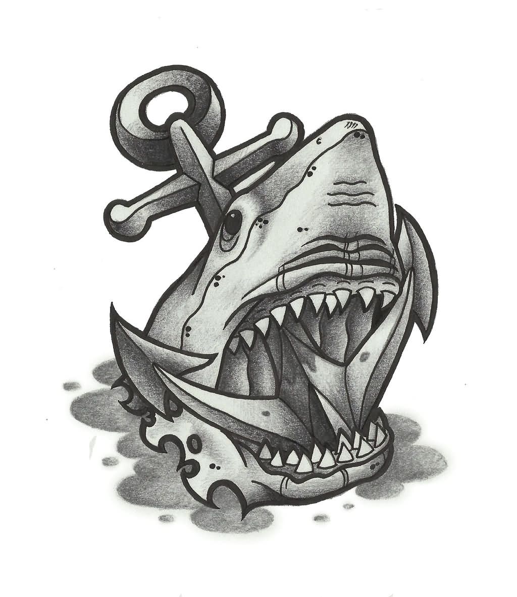 Grey Ink Anchor In Shark Head Tattoo Design