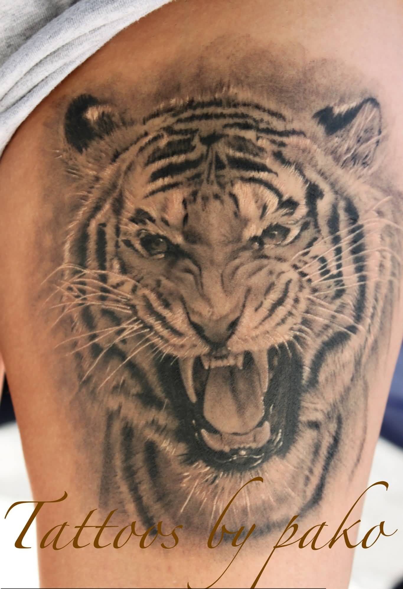Grey Ink Angry Tiger Head Tattoo On Thigh by Paka