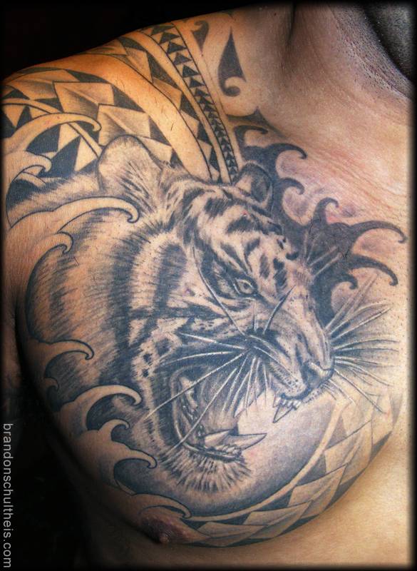 Grey Ink Angry Tiger Tattoo On Man Chest