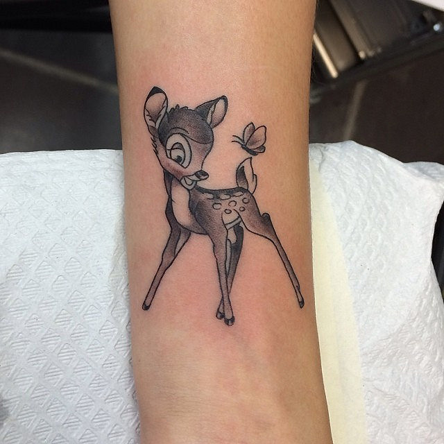 Grey Ink Bambi Deer Tattoo On Arm