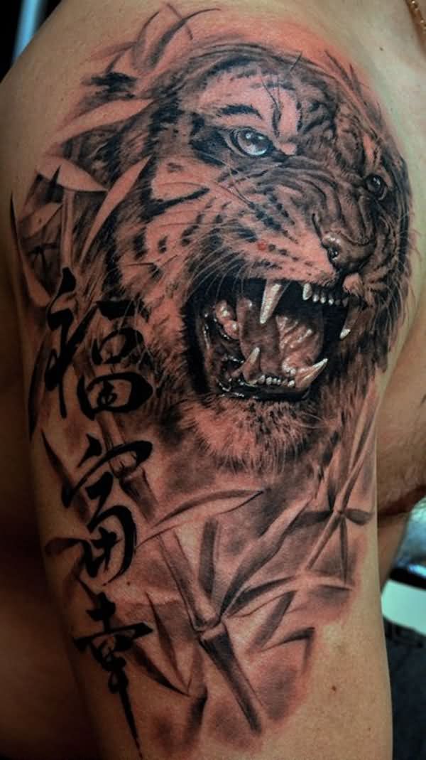 Grey Ink Bamboos And Tiger Head Tattoo On Right Half Sleeve