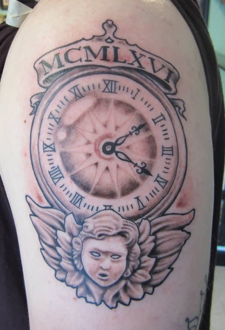 Grey Ink Clock With Cherub Face And Banner Tattoo On Shoulder
