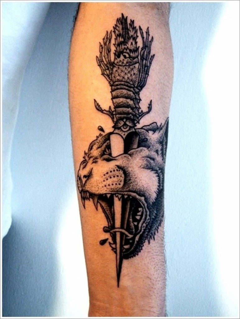 Grey Ink Dagger And Tiger Tattoo On Arm Sleeve
