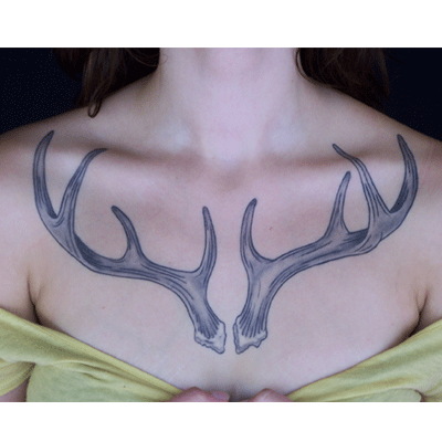 Grey Ink Deer Antler Tattoos On Chest For Girls
