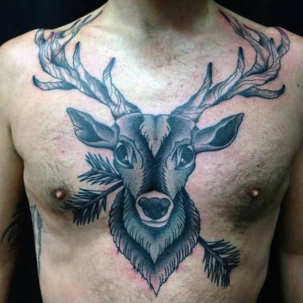 Grey Ink Deer Chest Tattoo For Men