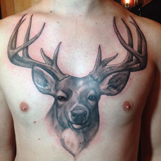 Grey Ink Deer Head Chest Tattoo
