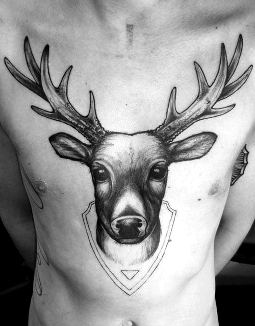 Grey Ink Deer Head Tattoo On Chest