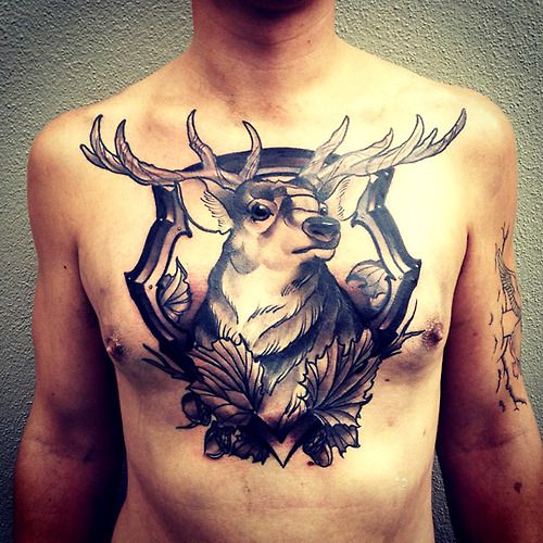 Grey Ink Deer Head Tattoo On Chest