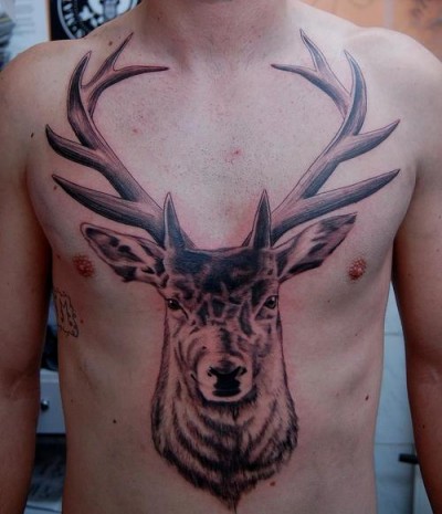 Grey Ink Deer Head Tattoo On Man Chest