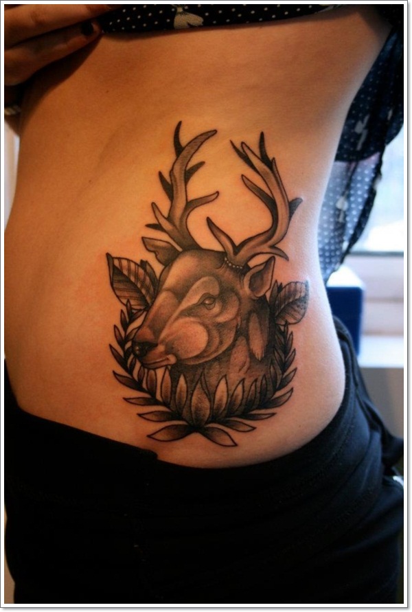Grey Ink Deer Head Tattoo On Side Rib For Women