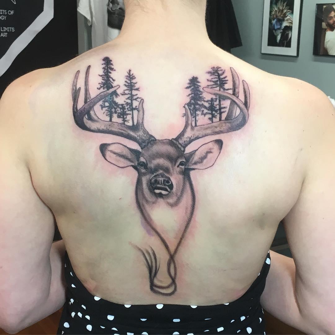 Grey Ink Deer Head Tattoo On Upper Back