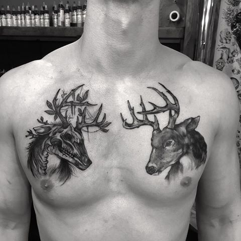 Grey Ink Deer Head Tattoos On Man Chest