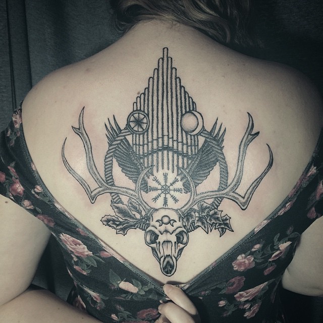 Grey Ink Deer Skull Tattoo On Girl Upper Back
