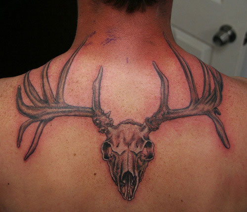 Grey Ink Deer Skull Tattoo On Upper Back